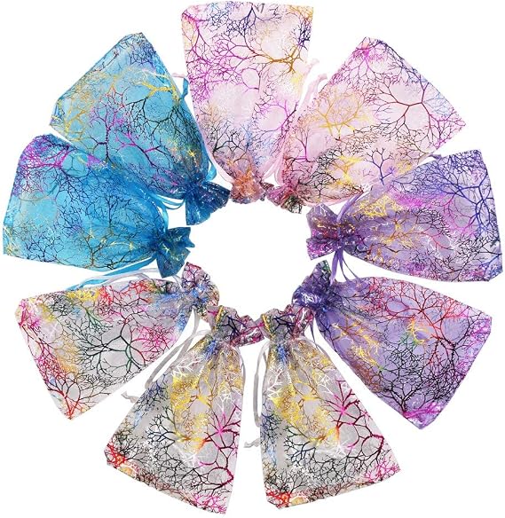 SumDirect 100pcs 5x7inch Mixed Color Coralline Organza Gift Bags, Wedding Favor Party Jewelry Candy Pouches with Drawstring