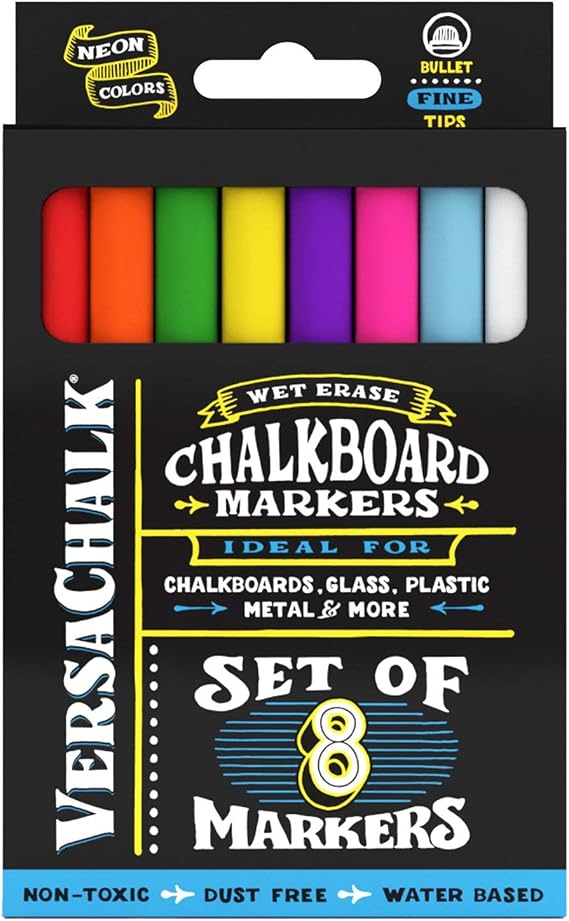 VersaChalk Liquid Chalk Markers for Blackboards - 8 Pack, 3mm Fine Tip | Neon Colors - Erasable & Washable for Creative Signage and Art