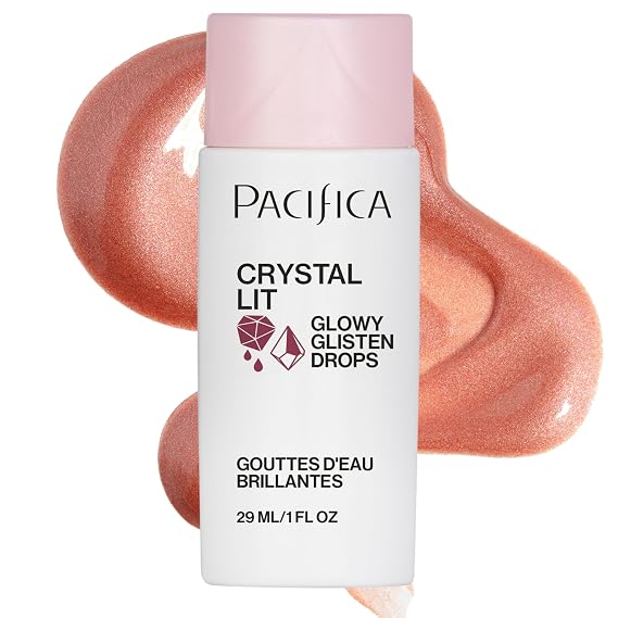 Pacifica Crystal Lit Glowy Glisten Drops Face Makeup - Shimmery Multi-Use Liquid Blush/Highlighter for Radiant, Dewy Cheeks Luminous Glow Clean Beauty Vegan & Cruelty-Free Dermatologist Tested