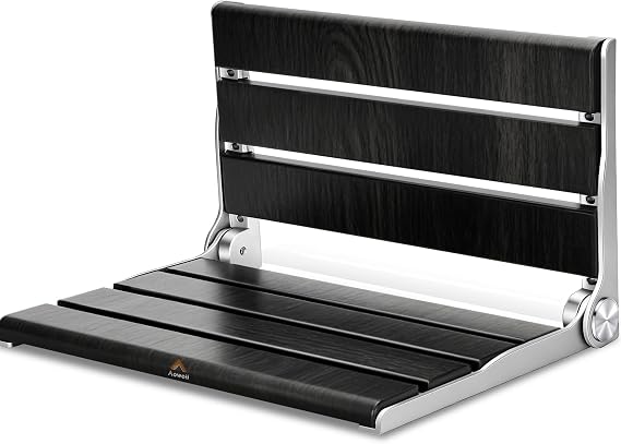 Wall Mounted Shower Seat - 16IN Teak Fold Down Shower Seat for Elderly, Disabled & Pregnant Women - Sturdy Shower Benches for Inside Shower with 400LB Capacity- 2026 Premium Black Shower Bench