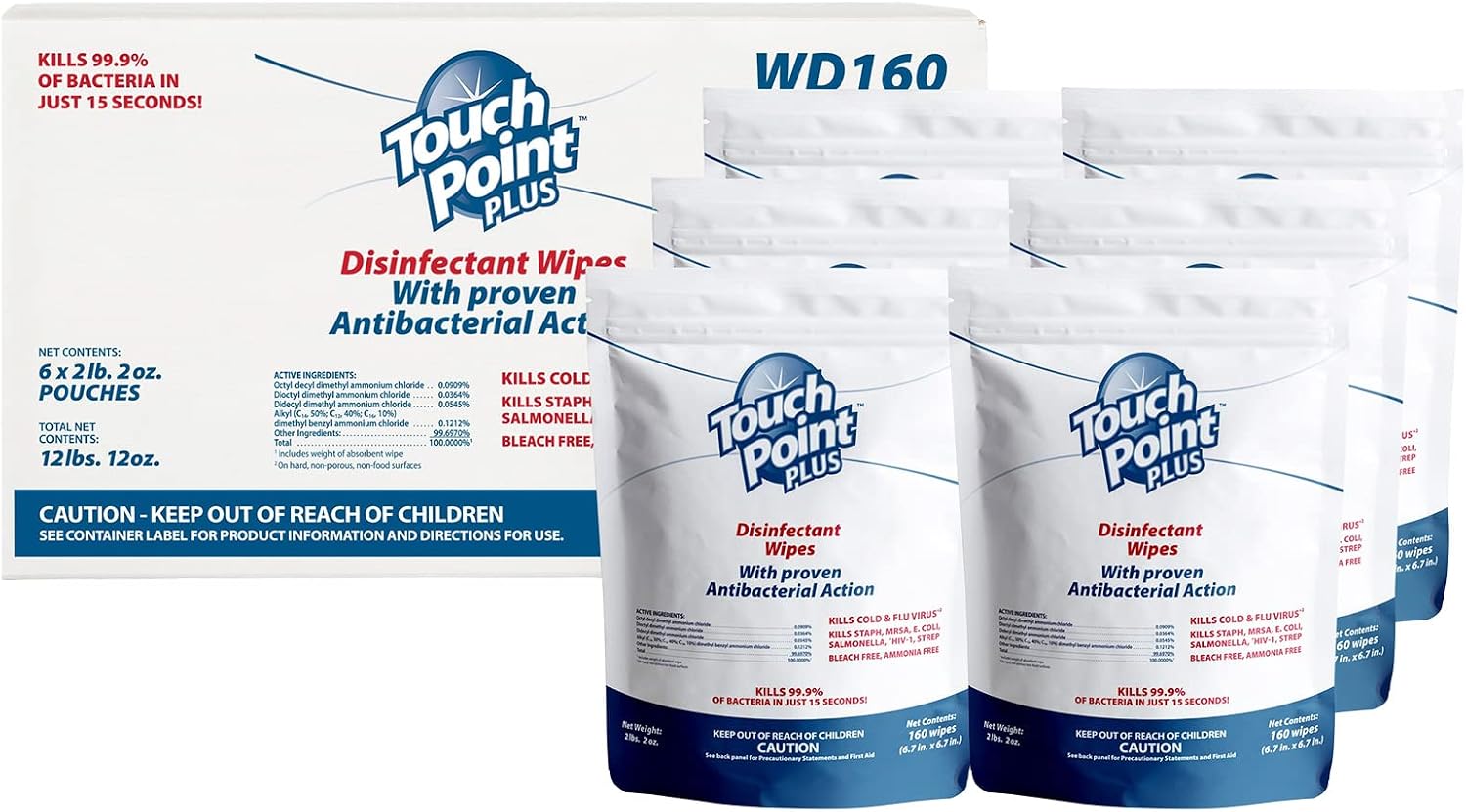 Touch Point Plus Disinfectant Wipes Pouch - 320 8”x6” Wipes, Pre-Saturated for Industrial, Fitness, Office, and Home Cleaning, EPA Registered for Killing Bacteria, SARS-CoV-2, and Viruses