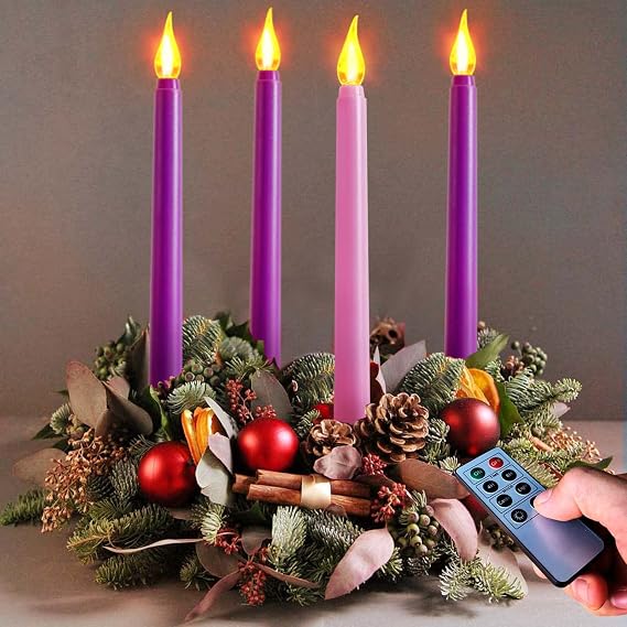 Set of 4 Battery Operated Flameless Taper Candles for Advent Wreath - 3 Purple, 1 Pink - Flickering Candles for Home, Church, School Decor