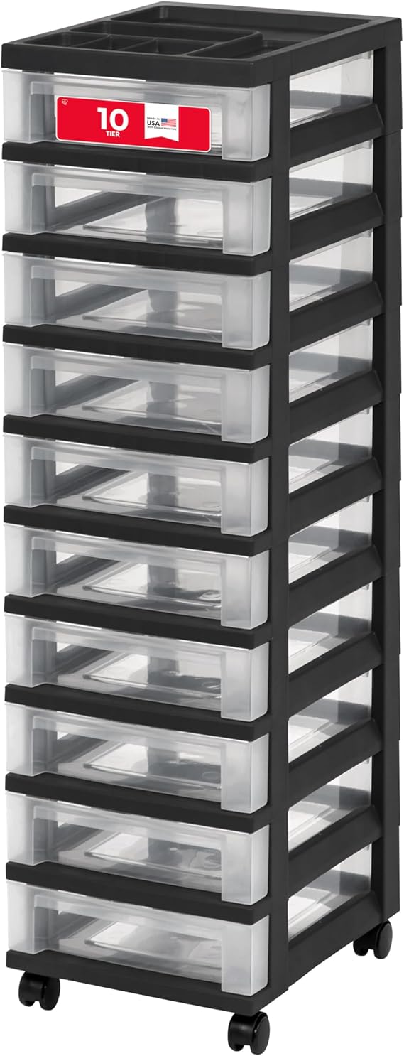 IRIS USA 10-Drawer Rolling Storage Cart, Black/Clear | Keep classroom supplies, teacher essentials, craft materials, and learning tools organized with easy-access drawers.