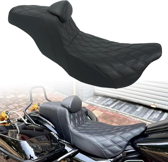 One-Piece Driver & Passenger Seat with Gel Cushion + Driver Backrest Fit for Harley Touring Electra Glide Road King Road Glide Street Glide 2009-2023 (Diamond + Black Line)