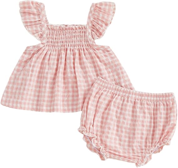 ZAXARRA Baby Girl Outfit Fly Sleeve Ruffle Tops Plaid Bloomers Infant Summer 2PCS Clothes Set 3 6 12 18 24 Months