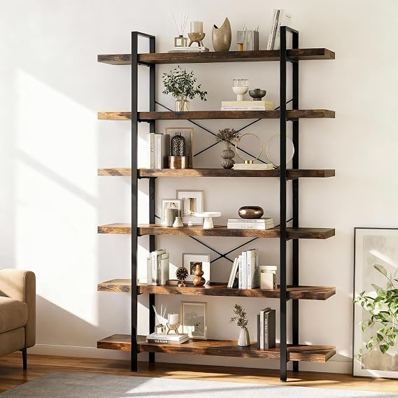6 Tier Bookshelf, 80" H Heavy Duty Bookshelf,120lbs Shelf Capacity, 47" W Wood Industrial Bookshelf, Rustic Open Reinforced Horizontal Shelves for Living Room,Bedroom, Office