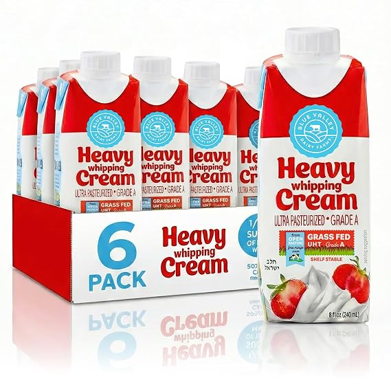 Blue Valley Heavy Whipping Cream 8Fl Oz Shelf Stable Ultra-Pasteurized Heavy Cream Kosher And Grass Fed-Grade A dairy ideal for Desserts, Cooking