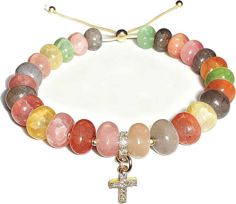HANGINTHERE 14K Gold Crystal Cross Bracelet for Women, 8mm Beads Healing Stone Spiritual Gift for Mom Wife Best Friend, Birthday Anniversary Christmas
