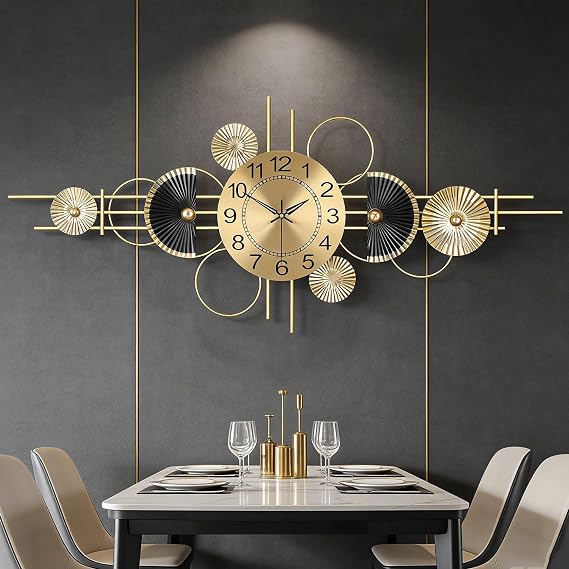 Wall Clock-Silent Quartz, Modern Metal Decor for Living Room, 37.4x16.9in | Gold powder-coated iron frame&aluminum dial, no ticking noise, Decorative wall clock for living rooms, kitchen, easy to hang