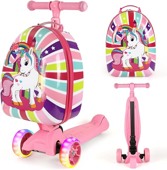 Suitcase Scooter for Kids 3-in-1 Set, Hardside Ride On Luggage Ages 4+Pink