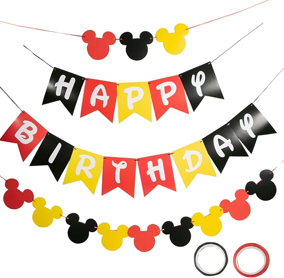 CHuangQi Colorful Happy Birthday Banner with Mouse Style Bunting, Birthday Party Supplies