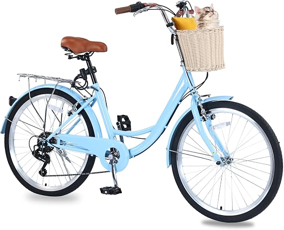 Beach Cruiser Bike for Women 7-Speed | Step-Through Design Rattan Front Basket Adjustable Seat Commuter Bicycle for Adults Classic Frame for Smooth Rides