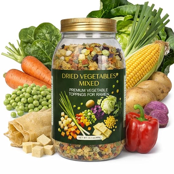 10 Vegetable Mix Freeze Dried Veggies for Ramen Toppings, 14oz (400g) Wholesome Dehydrated Vegetable Instant Ramen Toppings with Cabbage, Corn, Purple Sweet Potatoes, and More, Non-GMO. Ideal for Noodles, Soups, Camping, and Emergency Food.