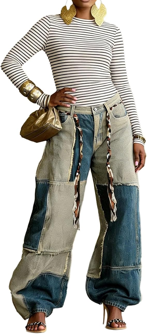 Women's Patchwork Jeans High Waisted Baggy Wide Leg Color Block Balloon Denim Pants Y2K Streetwear
