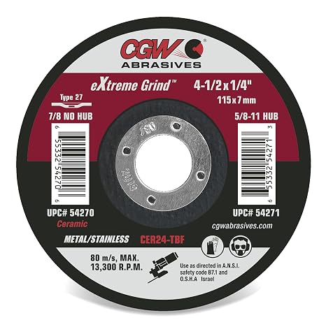 CGW Abrasives eXtrme Grind Ceramic Grinding Wheels 54270 CER24-TBF 4-1/2 x 1/4 x 7/8 (25 Pack)