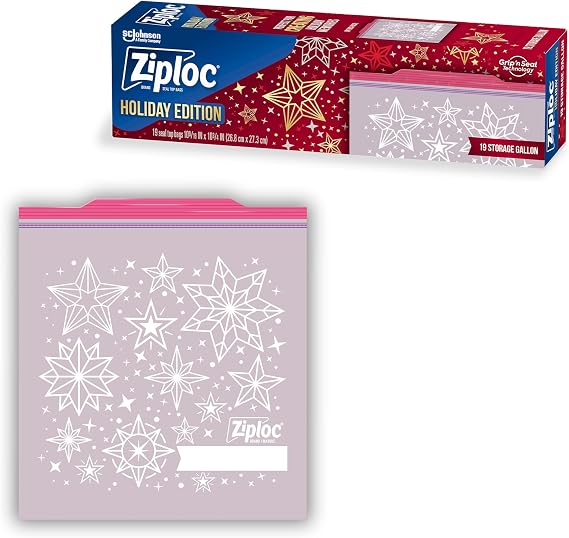 Ziploc Quart Food Storage Bags, Grip 'n Seal Technology for Easier Grip, Open, and Close, 24 Count, Holiday Designs