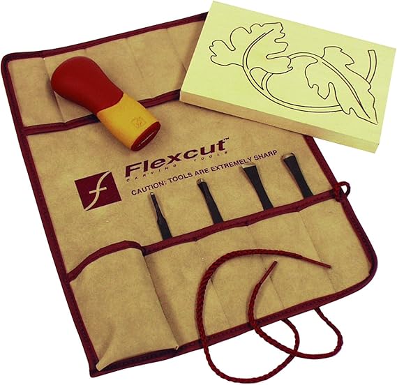 FLEXCUT Wood Carving Tools, 5 Piece Craft Carver Set, Includes 4 Carving Blades and Ergonomic ABS Handle, Plus Carving Blank and 11-Pocket Tool Roll, SK106, Made in the U.S.A.