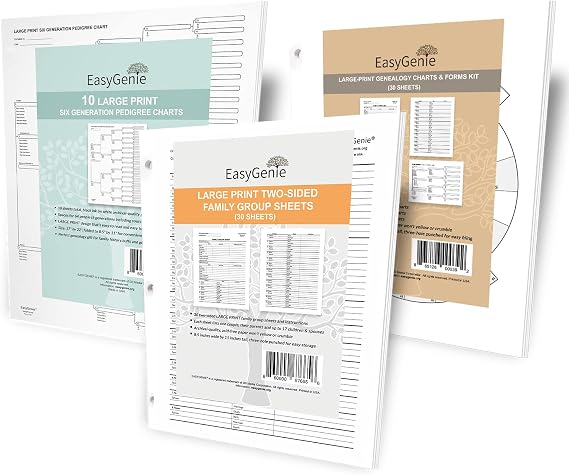 EASYGENIE Large Print Genealogy Bundle for Seniors | Charts & Forms Set