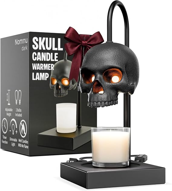 Skull Candle Warmer Lamp, Gothic & Spooky Home Decor with Timer | Goth Halloween Table Lamp, Auto-Shutoff, 2 Light Bulbs Included, Heavy Metal Base, Adjustable Height, Candles/Wax Melt