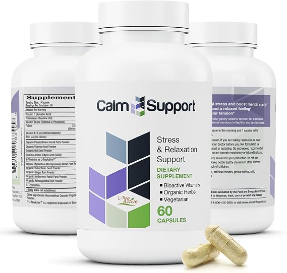 CalmSupport: Stress & Relaxation Support - Ashwagandha, Passion Flower, Valerian Root, Ginger, GABA, Velvet Bean, Motherwort, Oat Seed, L-Theanine, L-Tryptophan, Folate, C,B1,B6,B12,Zinc - 60 Capsules