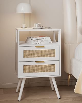 Rattan Nightstand,Farmhouse Bedside Table with 2 Storage Drawer and Open Wood Shelf, for Bedroom and Small Spaces,Night Stand with Solid Wood Legs White