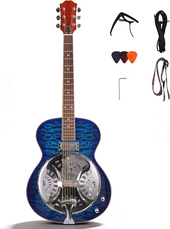 Acoustic Electric Resonator Guitar, Beginner Guitar Kit, Country Bluegrass Folk Blues, Spruce Top, Includes Cable, Strap, Capo, Full Size 40 Inch Right Handed Guitar (Cloud blue)