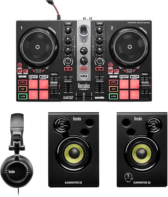 Hercules DJLearning Kit MK II, DJ Controller with Speakers and Headphones, Beginner DJ Set with Jog Wheels, 2 Deck DJ Mixer Controller, Portable DJ Equipment for Beginners, Compatible with PC