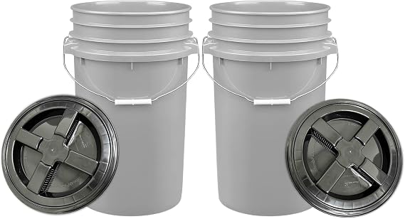 House Naturals 7 Gallon Food Grade - BPA Free- Made in USA Large Gray Container Bucket Pail with Screw on lid (Pack of 2)