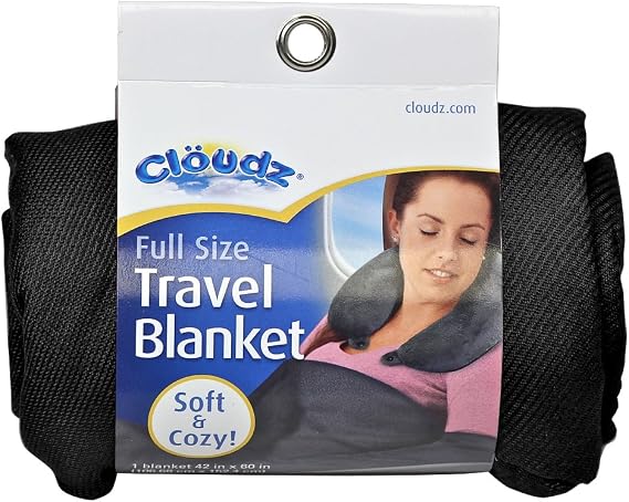 Cloudz Cozy Compact Airplane Travel Blanket for Your Flight, Car, Camping, Home or Comforting Warmth Anywhere! - Black