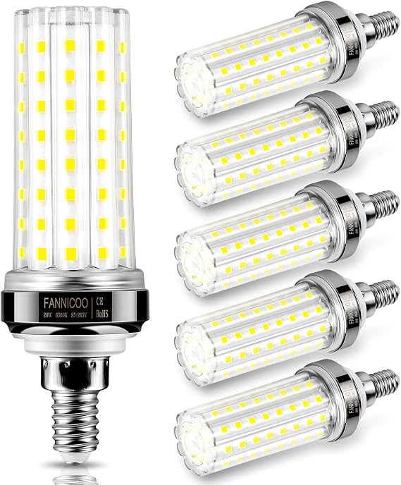 FanNicoo E12 LED Bulb, 6pcs 20W LED Corn Light Bulb 150W Equivalent 2500Lumen 6500K Cool Daylight White Non-Dimmable LED Candelabra Light Bulbs for Ceiling Fan Home Kitchen Bathroom Indoor