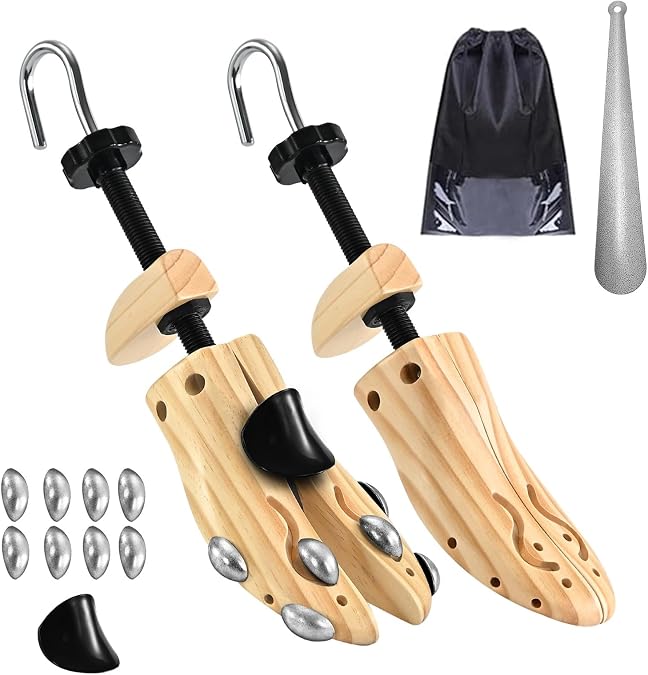 Gobiteli Wooden Shoe Stretcher, Pair of 4-Way Widener Length Expander Shoe Tree With Metal Plug for Men (L for Men's Size US 10-14)