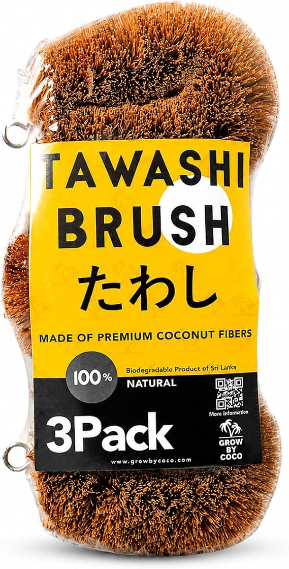 Pack of 3 Tawashi Vegetable Scrub Brush, 100% Natural Coconut Coir Fiber,Fruit Scrub,Eco Friendly Sponge Alternative,Japanese Kamenoko Design,Dish Scrubber for Cast Iron & Kitchen Cleaning