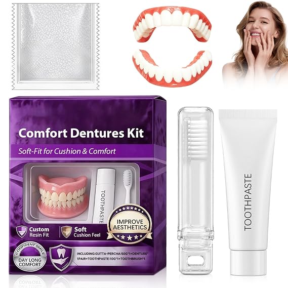 Temporary Denture Kit, Heat Moldable Custom Fit Upper & Lower False Teeth