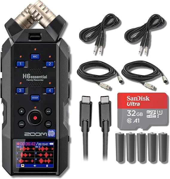 Zoom H6essential 6-Track 32-Bit Float Recorder Bundle with 2x 10-Foot + 2x 25-Foot XLR Cables, USB-C, 32GB microSDHC, 5-Pack AA Mixed-Run 4 XLR Field Recorder for Podcasting, Sermons, Interviews
