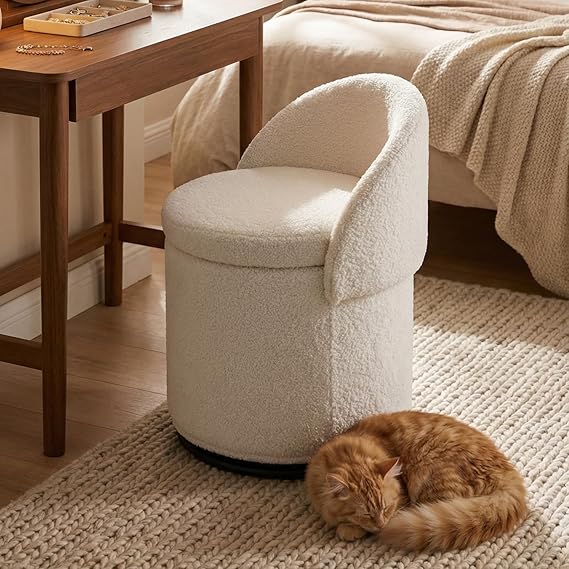Ya-Home Modern Swivel Ottoman Vanity Chair, Sherpa Upholstered Barrel Club Chairs 360Degree Swivel Side Chair with Storage, Comfy Makeup Stool for Bedroom Living Room, White