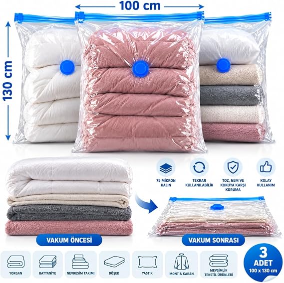 (3 ADET) EN BÜYÜK BOY (100X130) Vakumlu Hurç Yorgan Hurcu Vakumlu Hurc Poşet Saklama Torbası