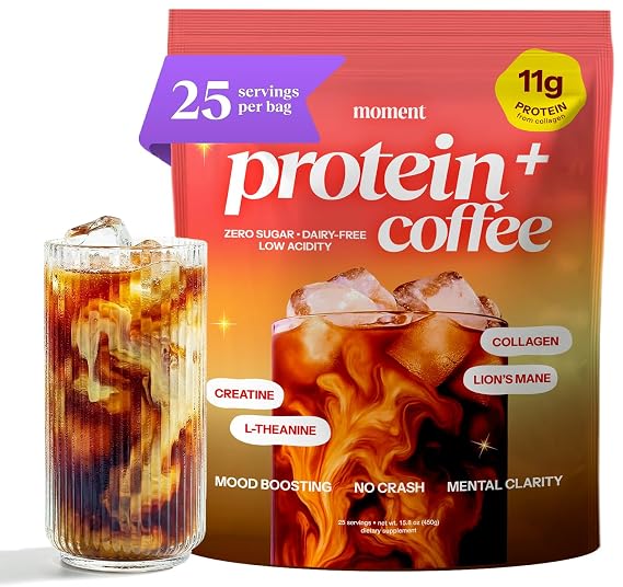 Moment High Protein Mushroom Coffee with Creatine Zero Sugar, Low Acidity Instant Protein Coffee Powder with Lions Mane, Reishi & L-Theanine for Energy, Focus & Mental Clarity-25 Servings