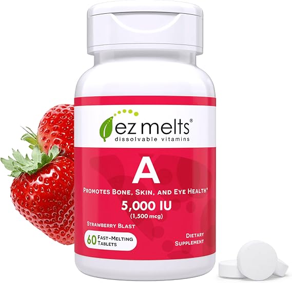 EZ Melts Dissolvable Vitamin A 5,000 IU, 60 Tablets, Strawberry Blast | Skin, Eye & Bone Health Supplement, Supports Healthy Nervous System, No Artificial Flavors, Non-GMO & Vegan