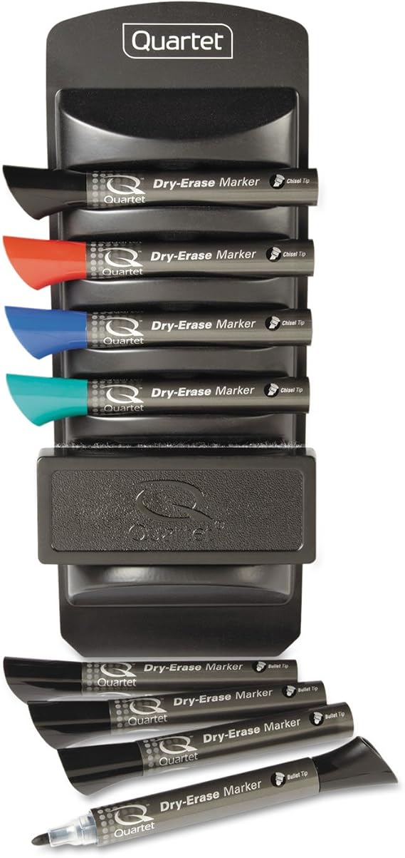 Quartet Whiteboard Accessory Caddy, Includes 8 Chisel Tip Dry Erase Markers and 1 Eraser, White Board Accessories, Black (558)