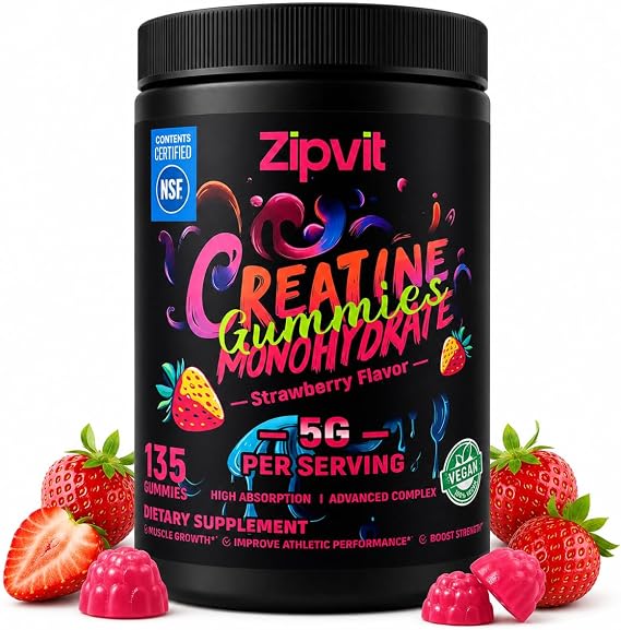 Creatine Monohydrate Gummies, NSF Certified Creatine Gummy, 5g Dose for Men & Women to Support Muscle, Strength, Recovery, Cognitive Health & Memory, Strawberry Flavor, 135 Gummies