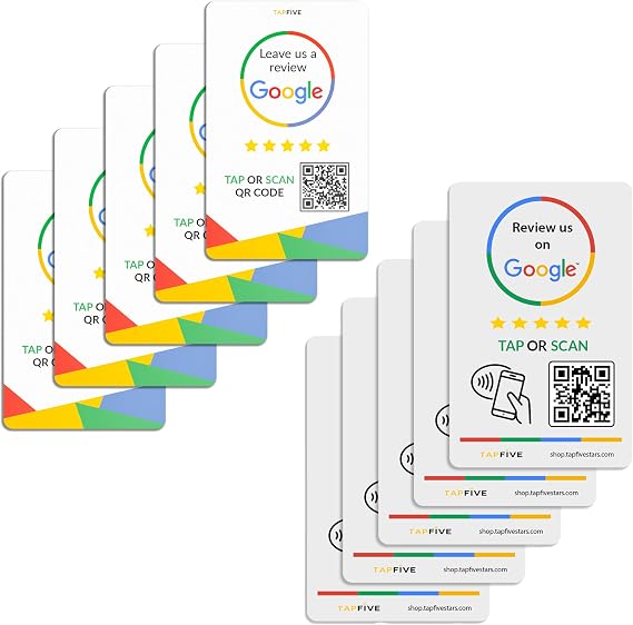 2X 5-Pack Bundle: Google Review Tap Cards + Google Review Tap Stickers by TapFive - Reusable Smart Tap NFC & QR for Instant Reviews - iPhone & Android - Boost Business Reviews Quickly