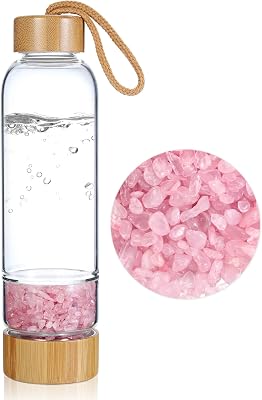 ACBungji Healing Crystal Water Bottle Natural Gemstone Gravel Healing Glass Bottles Energy Increases Physical Fitness 450ML, Pink Crystal
