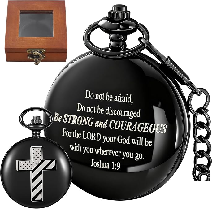 Bible Verse Pocket Watch Cross Mechanical Pocket Watches with Chain | Bible Verse Pocket Watch Cross American Flag Mechanical Pocket Watches with Chain Christmas Graduation Gifts Father's Day