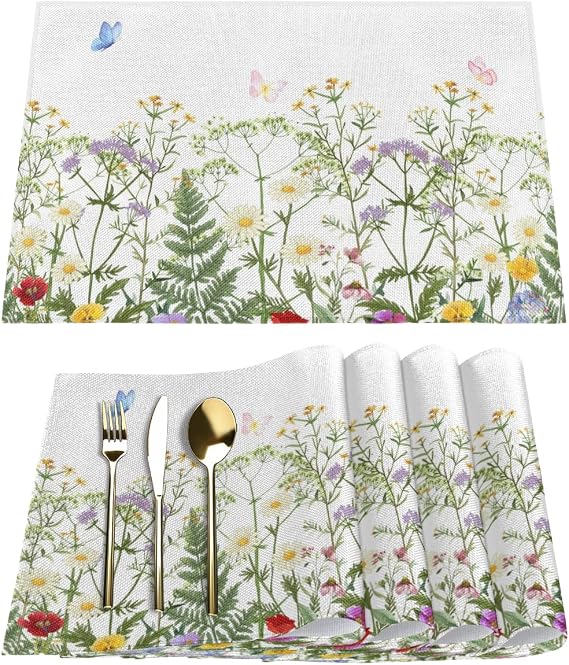 Spring Wildflowers Placemats Set of 4, Washable Elegant Placemats, Non-Slip Table Rectangle Linen Place Mats for Kitchen Dining Party Home Indoor Table Decor, Forest Style Home Decoration