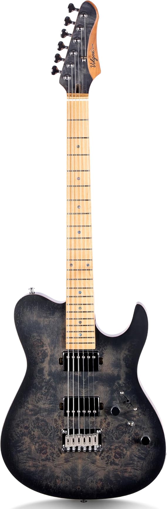 Electric Guitar Burl Wood Look Printed Top Modern Double Cut 6 String HH Pickups Tremolo Maple Neck Gloss Finish (Black A)
