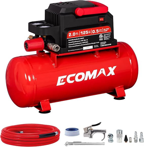ECOMAX Air Compressor, 2 Gallon Portable Air Compressor 125 PSI Oil-Free Light Weight with 10 PCS Accessory Kit