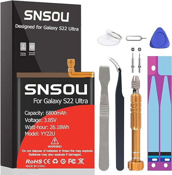 Galaxy S22 Ultra Battery, (2024 Upgraded) 6800mAh EB-BS908ABY Li-Polymer Battery Replacement Compatible with Galaxy S22 Ultra 5G SM-S908U with Screwdriver Tool Kit