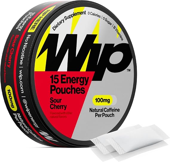 Wip Energy Pouches | 100mg Natural Caffeine | Vitamins and Minerals | Sour Cherry | 15 Pouches Per Can | 1 Can