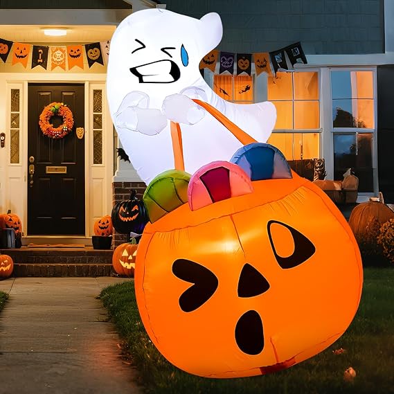 Joiedomi 5 FT Tall Halloween Inflatables Outdoor Decorations, Inflatable Cute Ghost Halloween Decor Outdoor, Blow Up Ghost Lift Pumpkin Candy Bag with Build-in LEDs for Yard Decorations