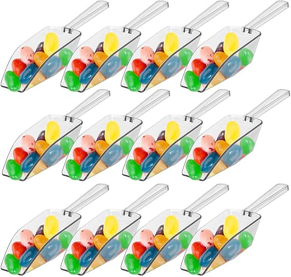 12 Pcs Mini Clear Acrylic Plastic Kitchen Scoops, 5.5" Flat Bottom Ice Scoop for Weddings, Ice, Candy Dessert Buffet, Protein Powders, Coffee, Tea
